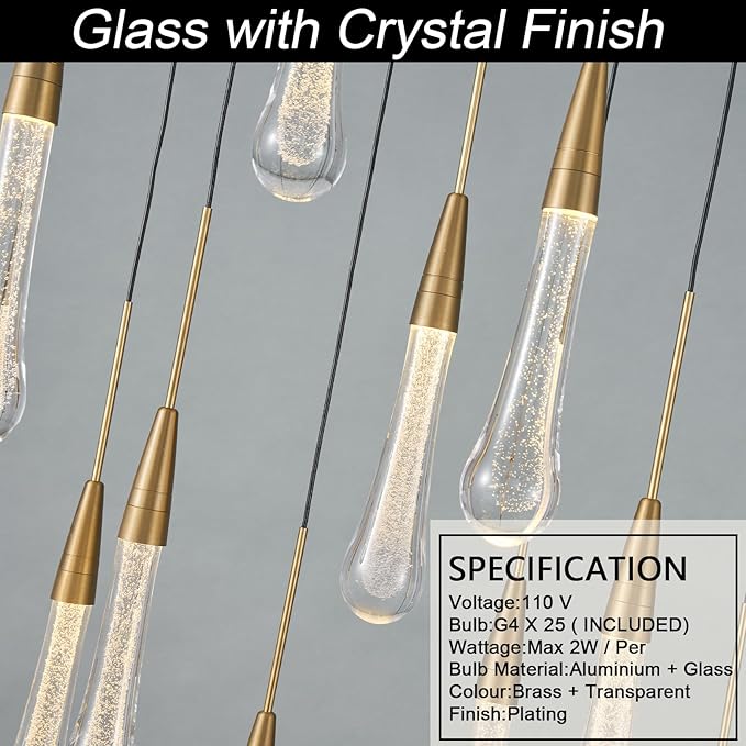 25-Lights Rectangle Gold Raindrop Chandelier with Glass, Luxury Farmhouse Large Linear Chandeliers for Dining Room Over Table, Brass Pendant Ceiling Light Fixture for Kitchen Island