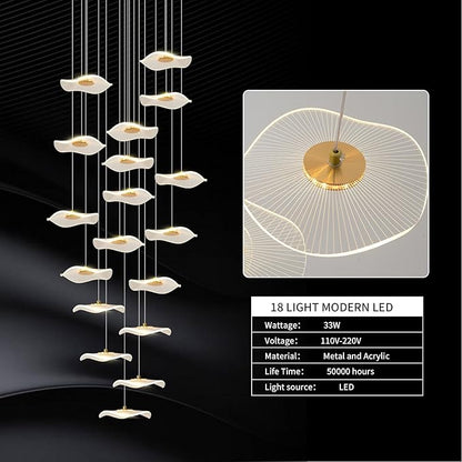 ziidoo High Ceiling Chandelier - 18-Light Dimmable Modern Gold Long Spiral Luxury Linear Lotus Leaf Led Lamp Hanging Pendant Lights for Foyer Enterway Staircase Villas