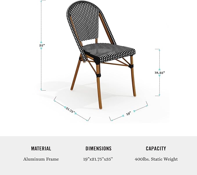 Martha Stewart Lily Pond Indoor-Outdoor Stackable Bistro Outdoor Chairs with Natural Woodgrain Aluminum Frame Finish, Black/White Woven Rattan Backrests/Seats, Set of 2