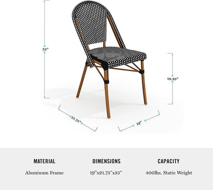 Martha Stewart Lily Pond Indoor Outdoor Stackable Aluminum Bistro Outdoor Chair with Natural Woodgrain Frame Finish and Black/White Woven Rattan Backrest and Seat