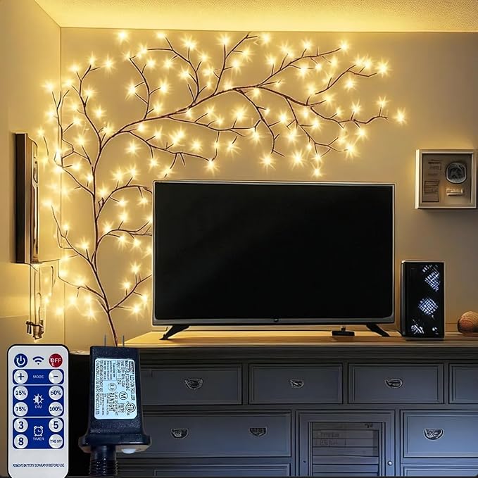 Lighted Willow Vine with Remote Control On/Off Timmer Dim,7.5Ft Christmas Swags Decorations Artificial Branches with 144LEDs Enchanted Vine Lights(Plug in) for Walls Bedroom Décor(1PCS)