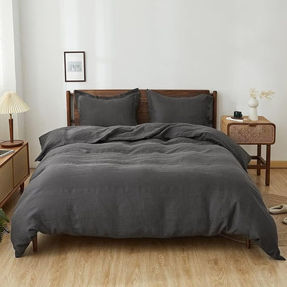Simple&Opulence 100% Linen Duvet Cover Set, 3 PCS Natural French Flax Dark Grey Duvet Cover Queen Size, Breathable Soft Comfy Linen Bedding Comforter Cover with 2 Pillowcases(Dark Grey, 88"x92")