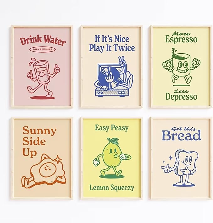 Retro Trendy Wall Art Decor Kitchen Aesthetic Canvas Wall Art Vintage Cute Pictures Funny Green Posters Retro Pink Prints Vintage Gallery Painting Funky Artwork for Room 12x16 Inch Unframed Set of 6