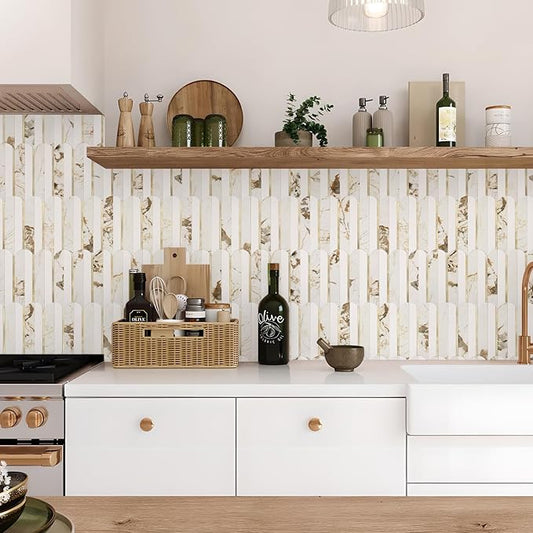 Vamos Tile Peel and Stick Backsplash Seamless Tile,10 Sheets Stick on Backsplash for Kitchen and Bathroom, 12''x12'' White Marble Look PVC Mixed Metal Gold Self Adhesive Fish Scale Mosaic Wall Tiles