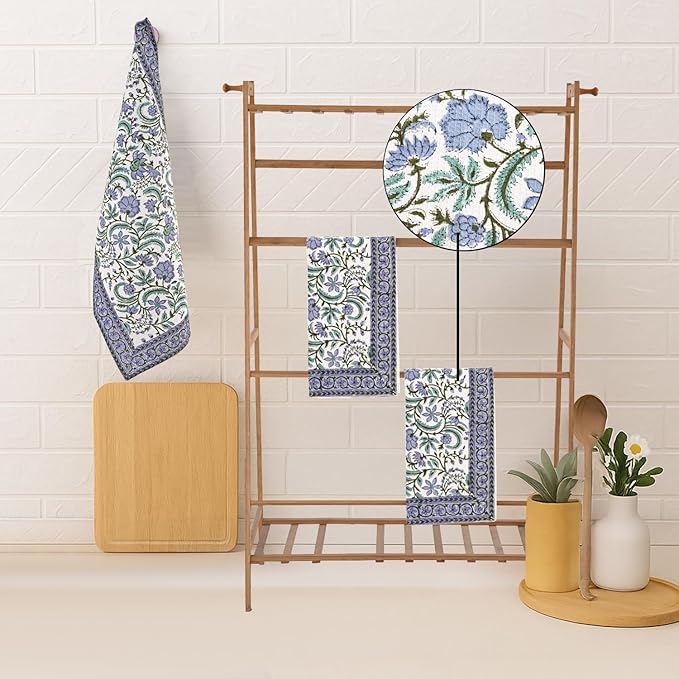 Ridhi Columbia Blue Hand Block Print Waffle Kitchen Towel Set of 3-16 x28 Ultra Absorbent Quick Dry 100% Cotton Dish Towels Lightweight Reusable Sustainable Tea Towels for Cleaning and Drying