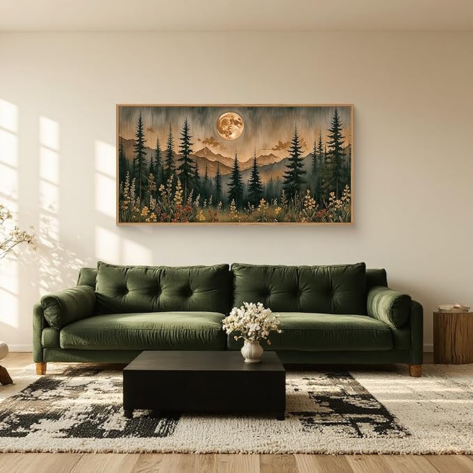 HOURIA Nature Forest Mountain Framed Canvas Wall Art Set,Moonlight Pine Tree Flower Wall Decor,Wilderness Field Wall Painting,Vintage Botanical Art Prints for Living Room,Bedroom,Farmhouse- 20"x40"x1