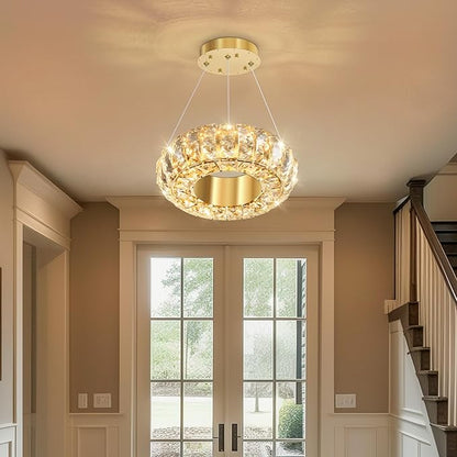 8" Ring Modern LED Dimmable Crystal Chandelier Adjustable Height Pendant Light Round Crystal Chandelier Light Fixtures for Dining Room Living Room Kitchen Island Gold
