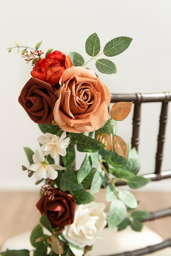 Ling's Moment Fall Wedding Chair Decorations 10pcs Aisle Floral Swag Artificial Pew Flowers Hanging Garlands Orange Terracotta for Ceremony Reception Church Rose Floral Arrangement Party Outdoor Decor