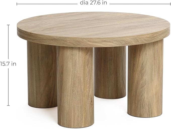 LuxenHome Round Coffee Table with 4 Pillar Legs, 27.5'' Wide Accent Center Table, Modern Farmhouse Oak Finish Wooden Low Cocktail Tea End Table with Sturdy Base for Living Room Home Office