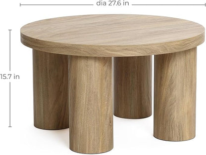LuxenHome Round Coffee Table with 4 Pillar Legs, 27.5'' Wide Accent Center Table, Modern Farmhouse Oak Finish Wooden Low Cocktail Tea End Table with Sturdy Base for Living Room Home Office