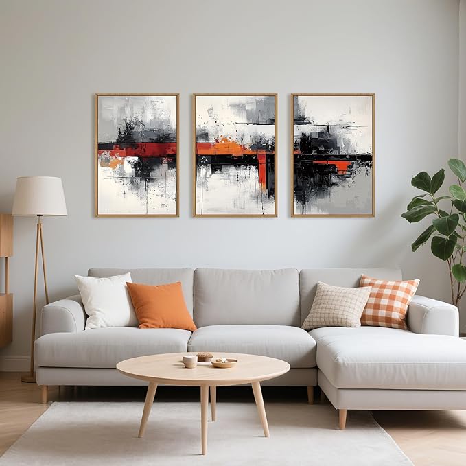 HOURIA Modern Abstract Framed Canvas Wall Art Set,Neutral Black and Orange Wall Decor,Textured Gray White Wall Painting,Pastel Strokes Art Prints for Living Room, Bedroom, Farmhouse-24 x36 x3