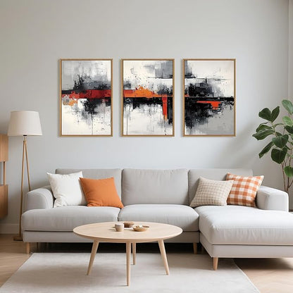 HOURIA Modern Abstract Framed Canvas Wall Art Set,Neutral Black and Orange Wall Decor,Textured Gray White Wall Painting,Pastel Strokes Art Prints for Living Room, Bedroom, Farmhouse-16 x24 x3