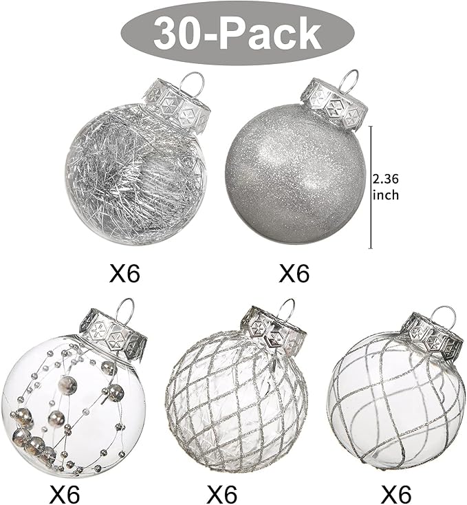 Clear Christmas Ball Ornaments, 30ct Shatterproof Xmas Ball Decorations for Christmas Tree 2.36 Inch Silver Hanging Decorative Baubles Set with Dedicated Stuff for Christmas Wedding Party