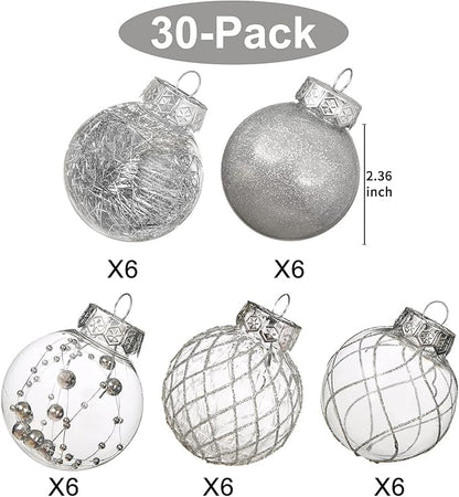 Clear Christmas Ball Ornaments, 30ct Shatterproof Xmas Ball Decorations for Christmas Tree 2.36 Inch Silver Hanging Decorative Baubles Set with Dedicated Stuff for Christmas Wedding Party