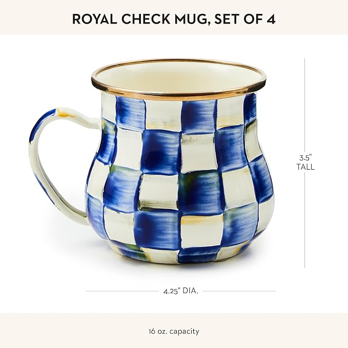 MACKENZIE-CHILDS Enamel Mug, Cute Enamelware Coffee and Tea Mug, Unique Drinkware, 16 Ounces, Blue-and-White Royal Check, Set of 4