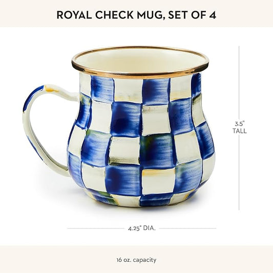 MACKENZIE-CHILDS Enamel Mug, Cute Enamelware Coffee and Tea Mug, Unique Drinkware, 16 Ounces, Blue-and-White Royal Check, Set of 4