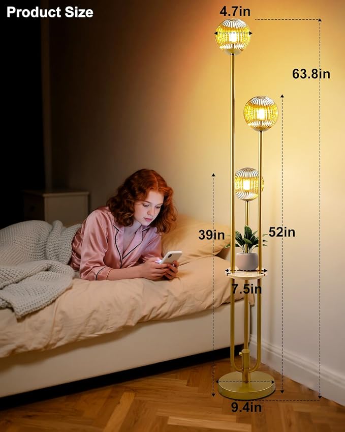 Glass Floor Lamp with Table, Gold Tall Standing Lamps Dimmable, 3000K Warmwhite Mid Century Modern Floor Lamp for Living Room/Bedroom