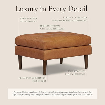 POLY & BARK Napa Ottoman - Full-Grain Leather Upholstered Ottoman with Feather-Down Topper - Accent Chairs for Living Room - Vintage Italian Leather in Cognac Tan