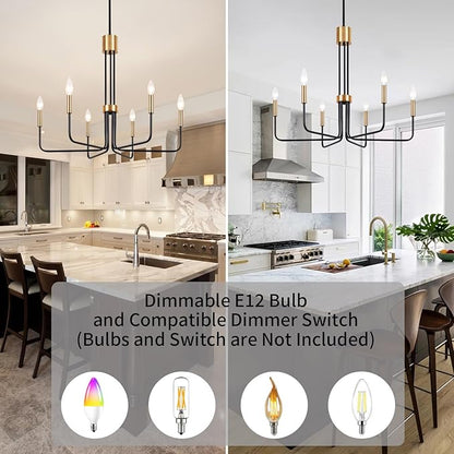 Modern Black and Gold Chandelier,6-Light Farmhouse Chandelier for Dining Room Light Fixtures Ceiling Hanging Industrial Chandelier Light Fixture for Kitchen Living Room Bedroom Entryway