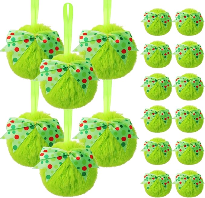 Liliful 18 Pcs Lime Green Furry Christmas Ball Ornaments3.15 Inch Bow Xmas Furry Ornaments Hanging Christmas Pom Pom Ball Decorations for Home Xmas Tree Party Supplies Wall Decor(Style 3,Green)