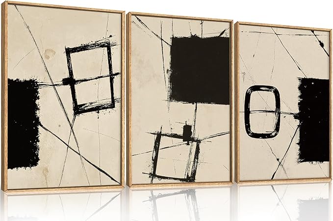 HOURIA Abstract Geometric Framed Canvas Wall Art Set,Black and Beige Brushstroke Wall Decor,Neutral Modern Wall Painting,Textured Line Drawing Art Prints for Living Room, Bedroom, Farmhouse-16 x24 x3