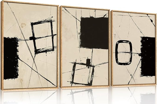 HOURIA Abstract Geometric Framed Canvas Wall Art Set,Black and Beige Brushstroke Wall Decor,Neutral Modern Wall Painting,Textured Line Drawing Art Prints for Living Room, Bedroom, Farmhouse-16 x24 x3