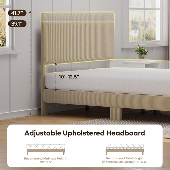 Bestier Full Bed Frame with Adjustable Headboard, LED Lighting, Vertical Channel Tufted Corduroy Upholstered, Solid Wooden Slats Support, No Box Spring Needed, Never Squeaks, Easy Assembly, Taupe