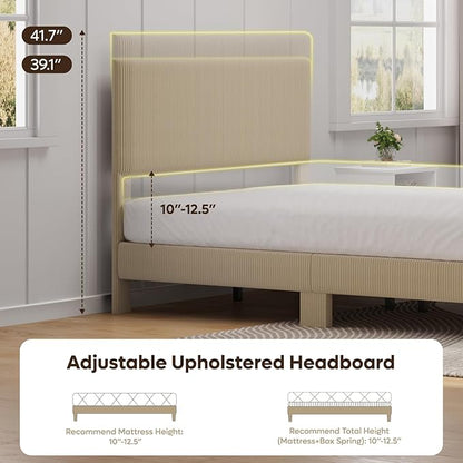 Bestier Full Bed Frame with Adjustable Headboard, LED Lighting, Vertical Channel Tufted Corduroy Upholstered, Solid Wooden Slats Support, No Box Spring Needed, Never Squeaks, Easy Assembly, Taupe
