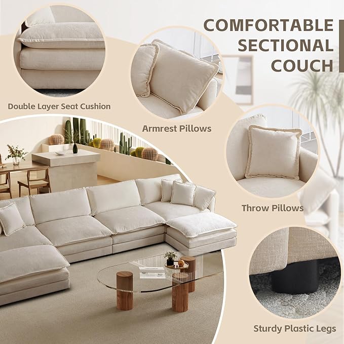 SoarFlash Chenille Sectional Sofa, Comfy L/U Shaped Modular Coush Sofa with Ottoman, Modern 4 Seat Couch Deep Seat Sofa Set for Living Room,Light Coffee