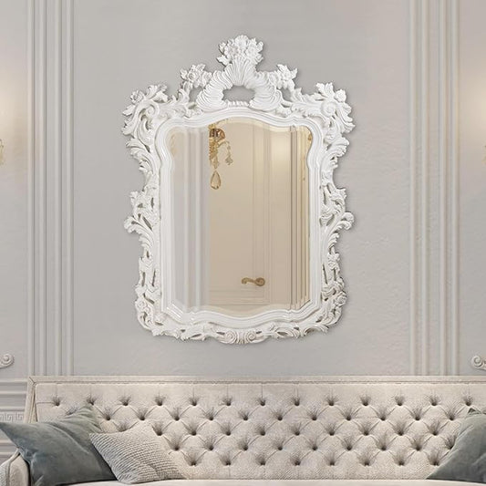 Howard Elliott Turner Large Ornate Mirror, White Ornate Mirror Beveled Edges Rectangular Vanity Mirror with Baroque Scroll Pattern for Bedroom, Living Room, Bathroom & Entryway, 56 x 42 Inch