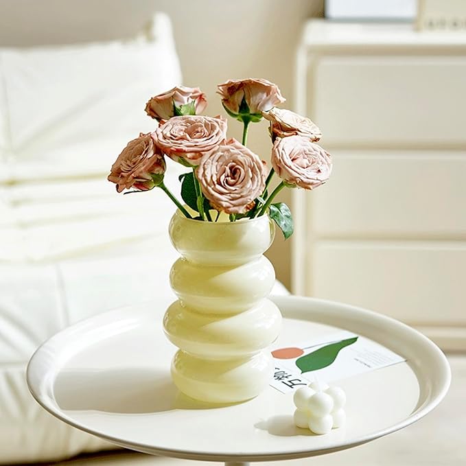 BLOFLO Colored Glass Hydroponic Flower Vase - 7-Inch Milky Yellow Geometric Glass Vase for Modern Home Decor and Office