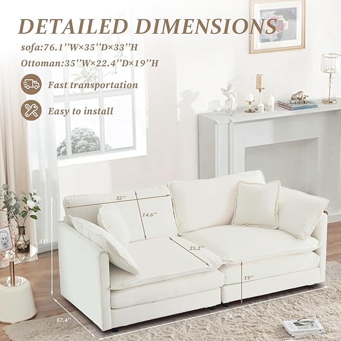 SoarFlash Chenille Sectional Sofa, Comfy Modular Loveseat Sofa, Modern 2-Seat Couch Deep Seat Sofa Set for Living Room,White