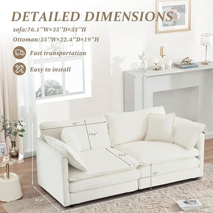 SoarFlash Chenille Sectional Sofa, Comfy Modular Loveseat Sofa, Modern 2-Seat Couch Deep Seat Sofa Set for Living Room,White
