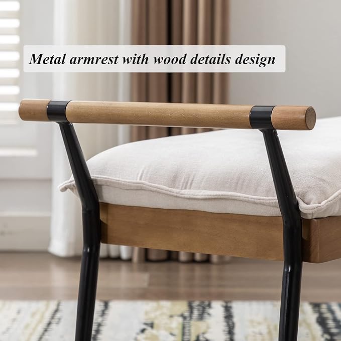 DUOMAY Modern Rectangle Ottoman Bench with Arms and Metal Legs, Mid Century Chenille Fabric Dining Table Bench Footstool Entryway Shoe Bench for Dining Room Bedroom Living Room, White