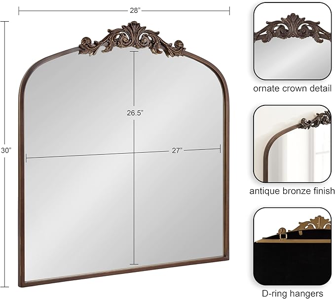 Kate and Laurel Arendahl Ornate Traditional Square Arched Mirror; 28 x 30; Bronze; Decorative Baroque Style Vintage Arch Mirror with Wide Frame and Crown