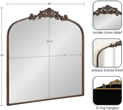 Kate and Laurel Arendahl Ornate Traditional Square Arched Mirror; 28 x 30; Bronze; Decorative Baroque Style Vintage Arch Mirror with Wide Frame and Crown