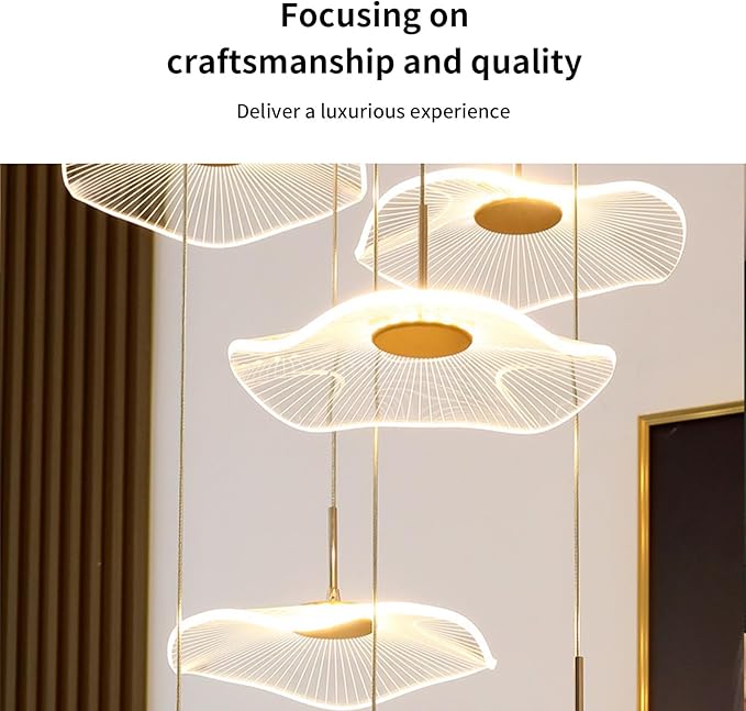 ziidoo High Ceiling Chandelier - 7-Light Dimmable Modern Gold Long Spiral Luxury Linear Lotus Leaf Led Lamp Hanging Pendant Lights for Foyer Enterway Staircase Villas