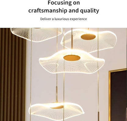 ziidoo High Ceiling Chandelier - 7-Light Dimmable Modern Gold Long Spiral Luxury Linear Lotus Leaf Led Lamp Hanging Pendant Lights for Foyer Enterway Staircase Villas
