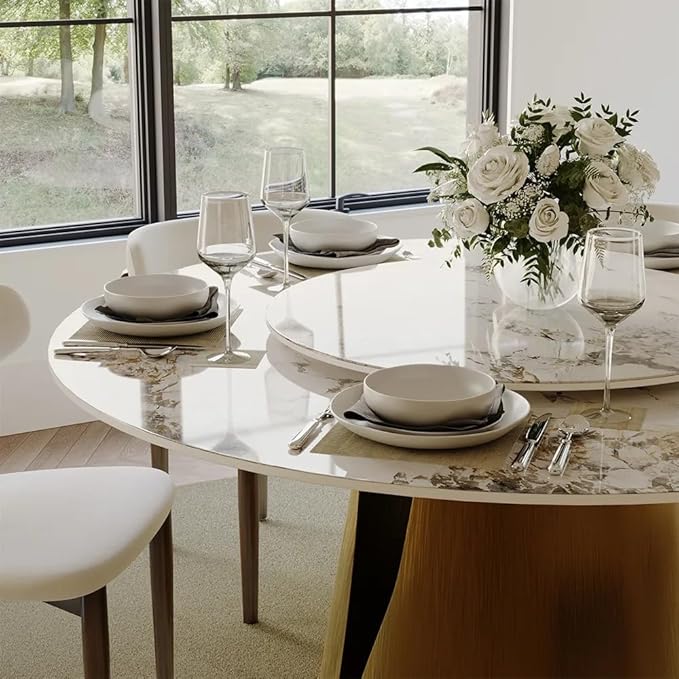 POVISON 59" Round Dining Table for 6, Modern Glossy Sintered Stone Dining Room Table Built in Lazy Susan for Kitchen,Glossy Dining Tabletop with Bronze Carbon Steel Pedestal(Table Only)