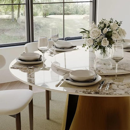 POVISON 59" Round Dining Table for 6, Modern Glossy Sintered Stone Dining Room Table Built in Lazy Susan for Kitchen,Glossy Dining Tabletop with Bronze Carbon Steel Pedestal(Table Only)