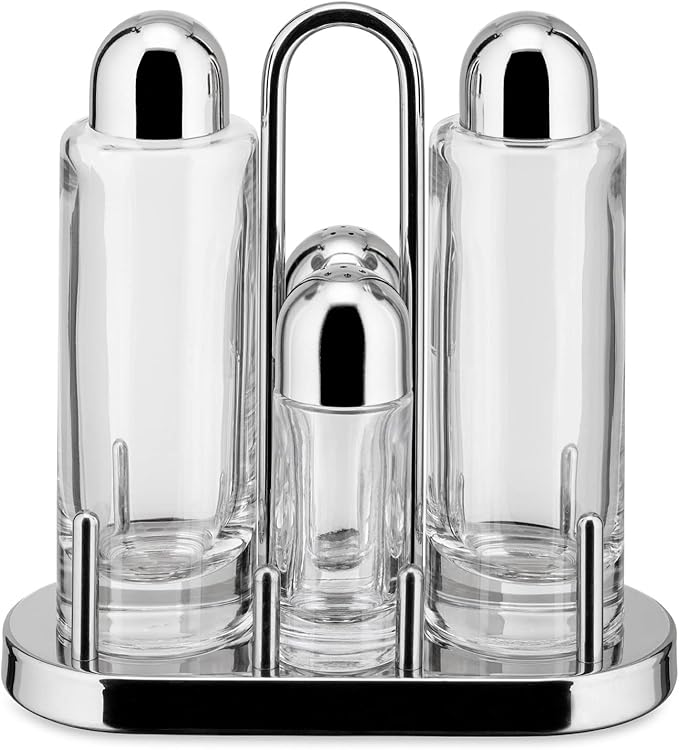 Alessi | 5070 - Design Condiment Set for Oil, Vinegar, Salt and Pepper shaker in 18/10 Stainless Steel and Crystalline Glass