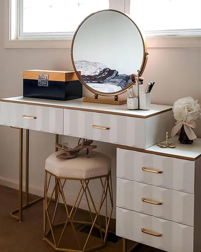 Modern White Extendable Makeup Vanity 5 Drawers Dressing Table Set with Stool and Looking Glass