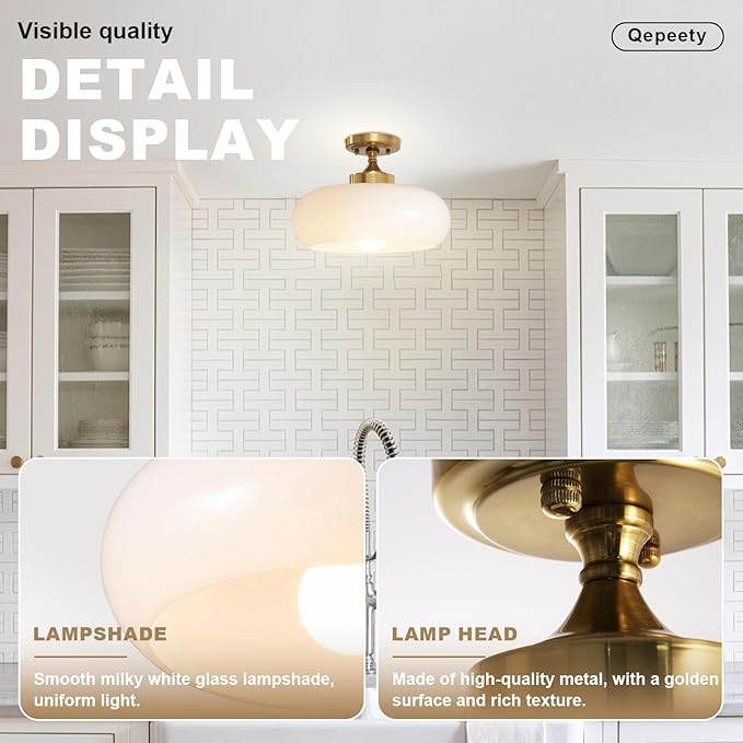 Mid Century Modern Semi Flush Mount Ceiling Light Fixture, Gold with 11.02" Milk White Glass Shade, Vintage Close to Ceiling Lamp for Hallway, Entryway, Bathroom, Closet