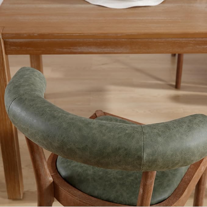 Wood Dining Chairs Set of 6, Mid Century Modern Living Room Chairs with Unique Curved Open Back Comfy Upholstered Side Chair for Kitchen/Restaurant/Reception, Faux Leather Green