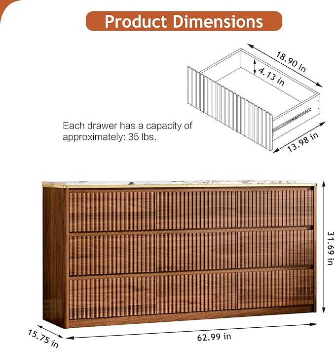 Fluted Dresser for Bedroom with 9 Drawers,62.99" Modern Chest of Drawers with Faux Marble Top, Curved Profile Design,Dresser TV Stand, Wood Drawer Organizer for Living Room, Hallway, Brown