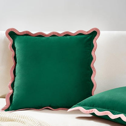MONDAY MOOSE Decorative Throw Pillow Covers Cushion Cases, Set of 2 Soft Velvet Scalloped Wavy Edge Designs, Mix and Match for Home Decor, Pillow Inserts Not Included (Pink/Green, 18x18 inch)