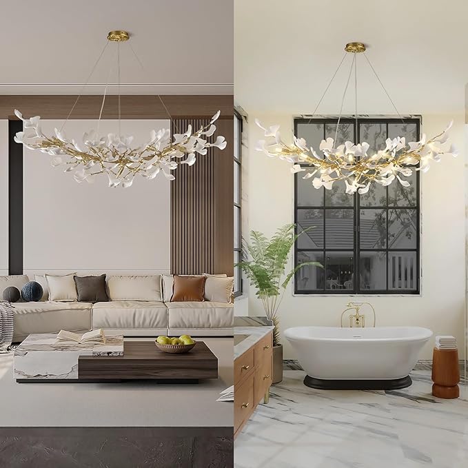 Modern Gold Tree Branch Chandeliers for Dining Room,55" Rectangle Ceramic Ginkgo Leaf Chandelier, Dining Chandelier Over Table,Linear Chandeliers for Dining Room, Living,Kitchen