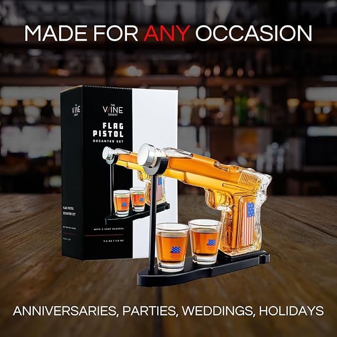 Gifts for Men Dad, Father Whiskey Decanter Set - 8 Oz with Two 2 Oz Glasses, American Flag Pistol Gun Anniversary Birthday, Home Bar Gifts, Drinking Military Present Dispenser, Him Husband Bar Gift