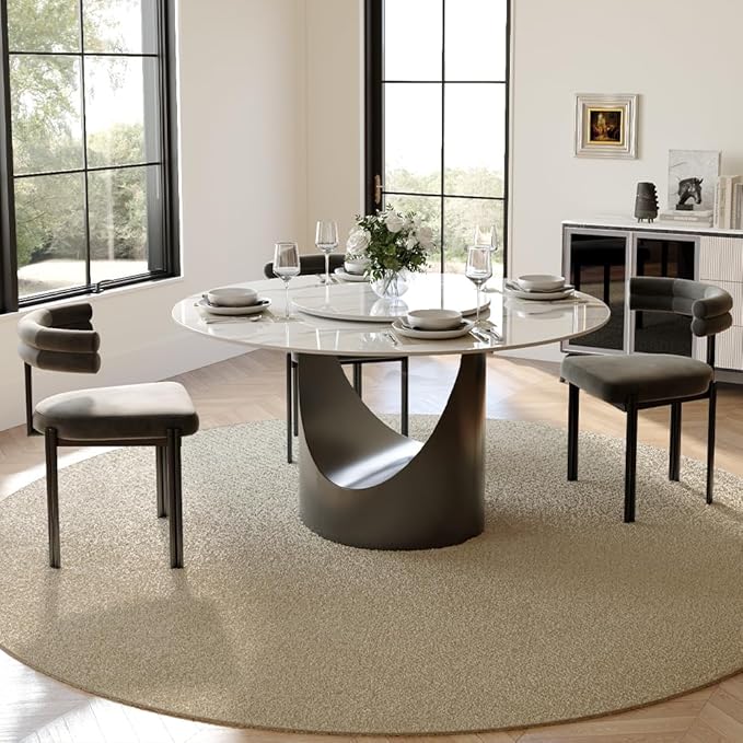 POVISON Round Dining Table for 4, 47" Glossy White Sintered Stone Tabletop Dining Table with 23" Lasy Susan, Grey Carbon Steel Pedestal, Modern Dining Room Table (Table Only)