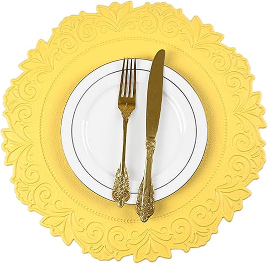 Noctiflorous Round Faux Leather 15 Inch Placemats Set of 4 Waterproof Wipeable Heat Resistant Tablemat for Dining Table Kitchen Non Slip Washable Oilproof Table Place Mat(Mango Yellow, 4)